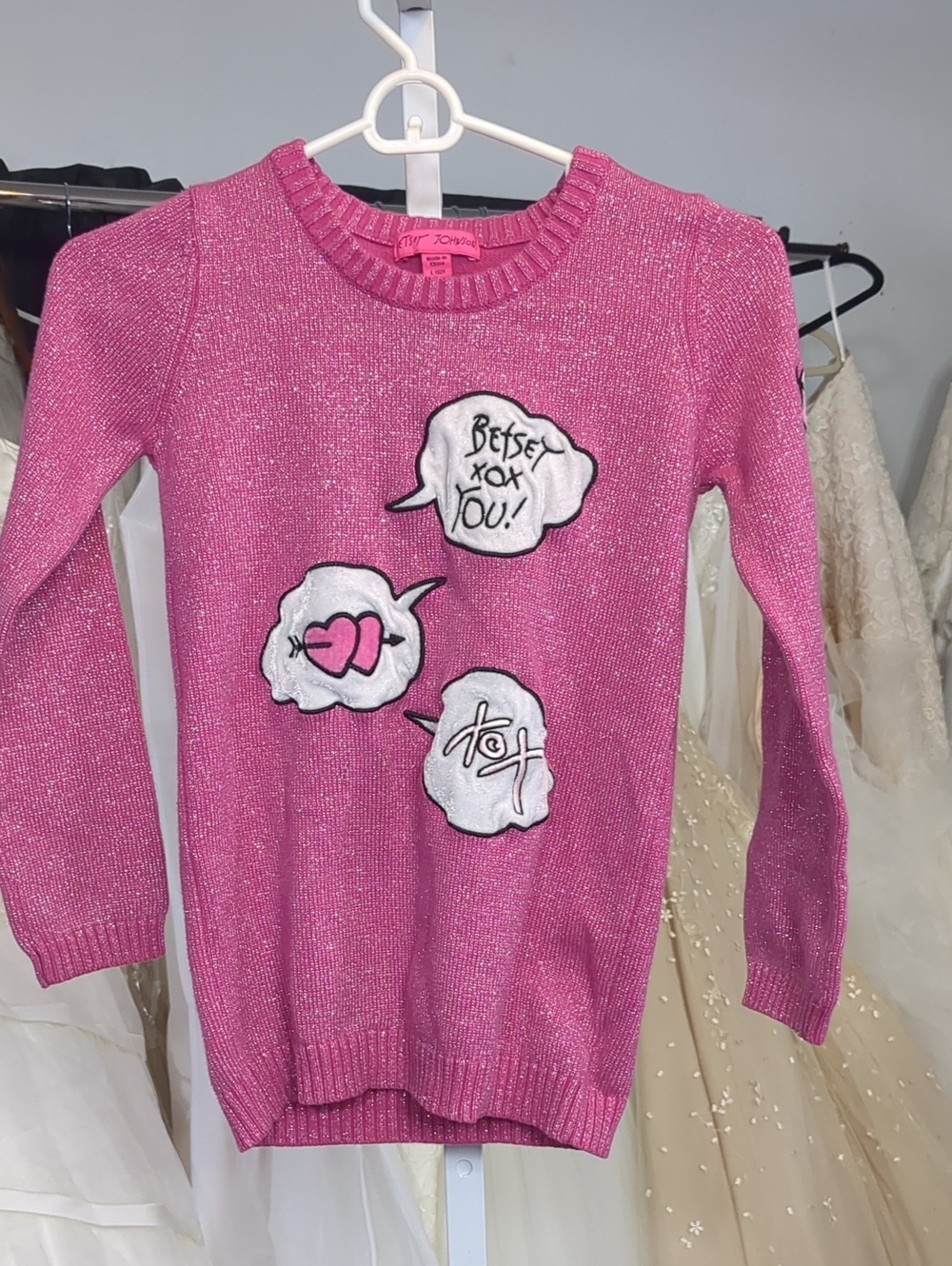 Betsey Johnson Girls Size 12 Pink Metallic XOXO Heart Graphic Sweater